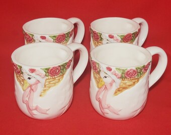 Vintage Otagiri Japan Goose Pink Tea Rose Cup Mug Set of 4