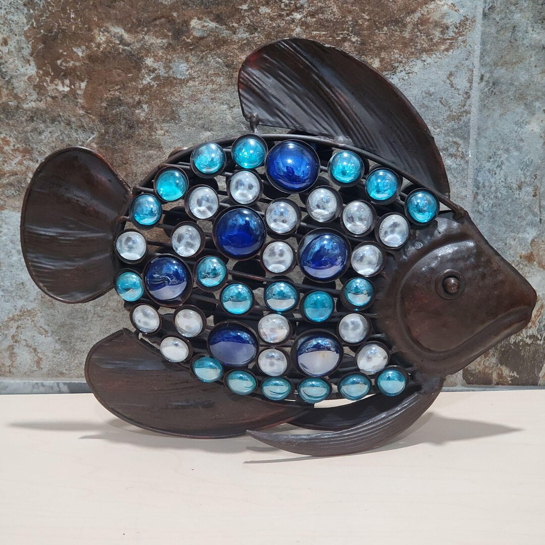 Hammered Metal Fish Sculpture Blue White Bead Glass Cabachons - Etsy