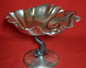 Silverplate Nautilus Bowl Ornate Koi Dolphin Fish Stemmed Foot