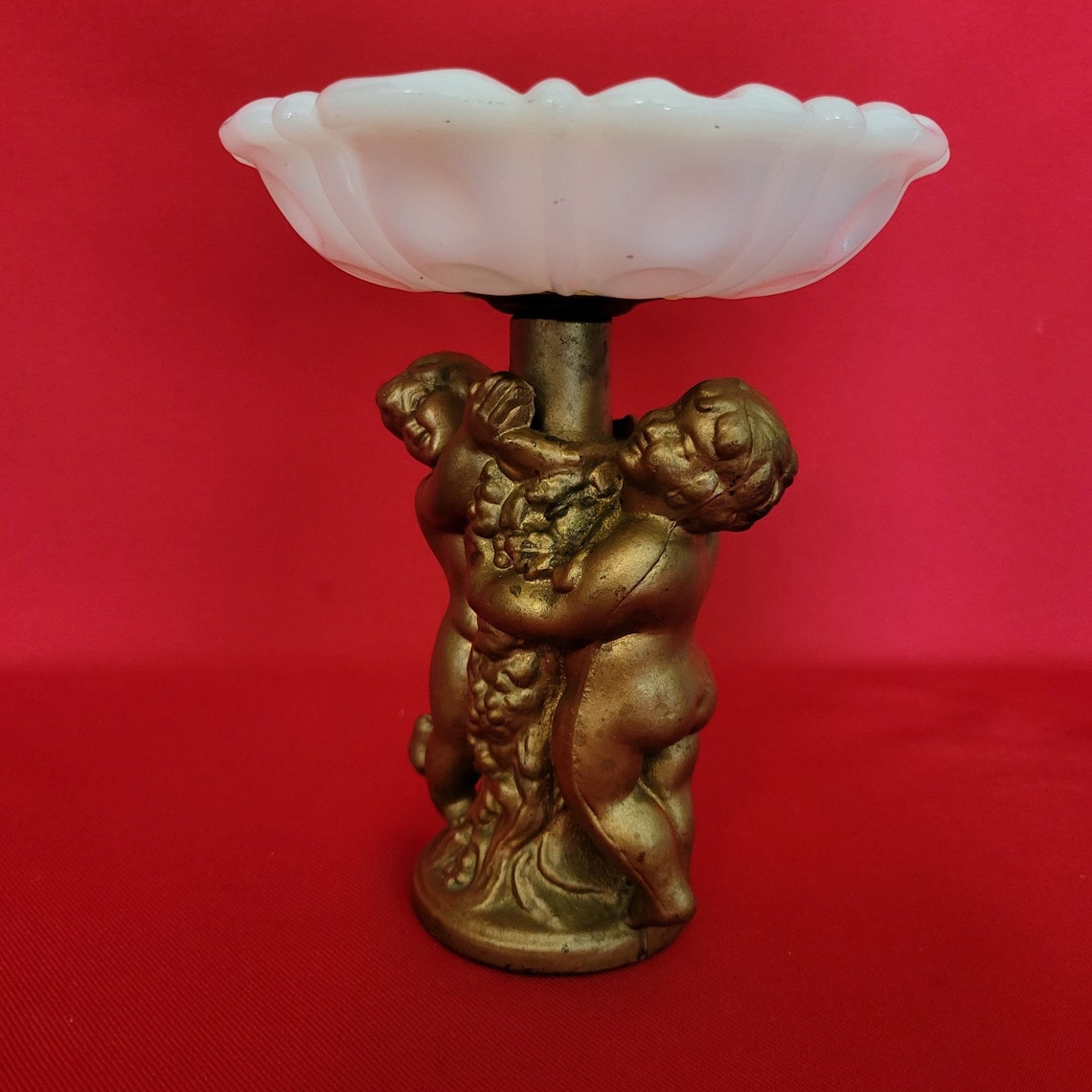 Vintage Milk Glass Vanity Dish With Ceramic Cherub Base Trinket Jewelry