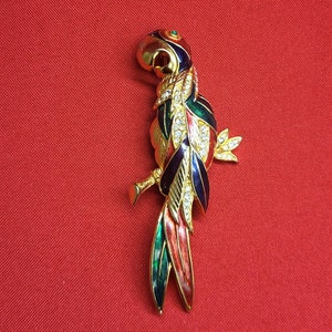 Vintage Gouden Papegaai Broche Pin Grote Emaille Kristallen Steentjes