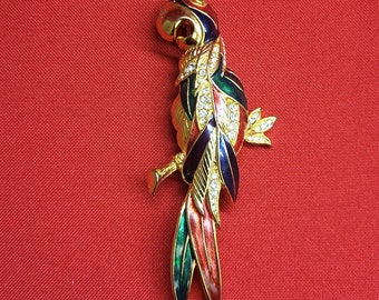 Vintage Golden Parrot Brooch Pin Large Enamel Crystal Rhinestones