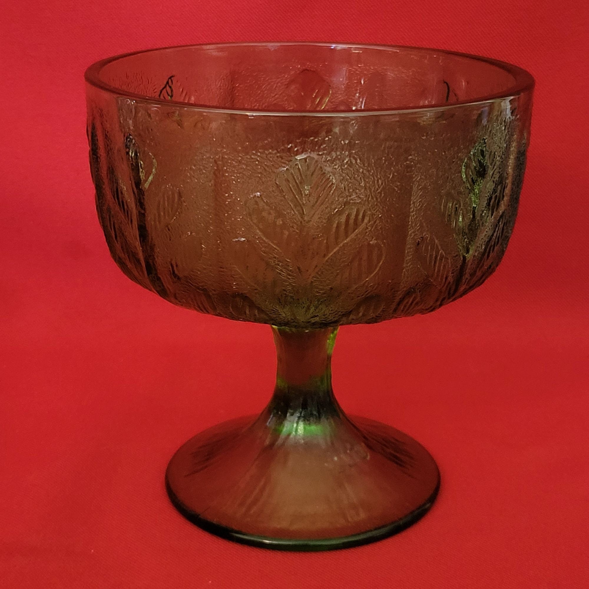 VTG FTD 1978 Green Glass Avocado Oak Leaf Pedestal Depression Bowl
