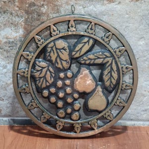 Vintage Odi Cast Iron Copper Trivet Grapes Pear Hot Plate Home Decor 2000