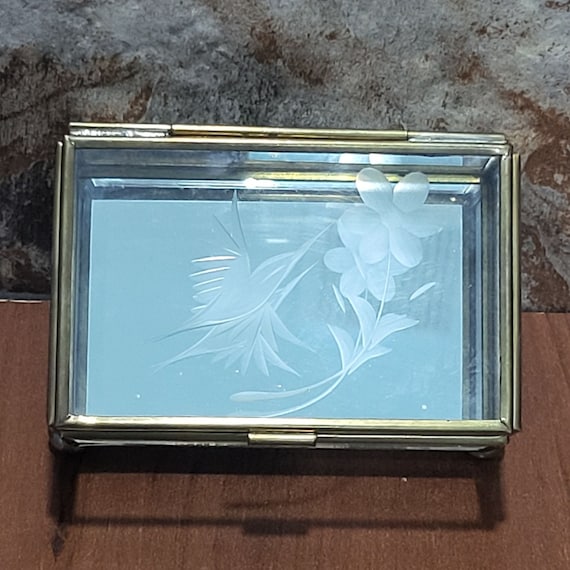 Vintage Trinket Box Hinged Lid Etched Bird Flower… - image 1