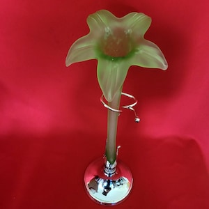Antique Chrome & Frosted Green Lily Vase Hand Blown Glass 15&quot; Tall
