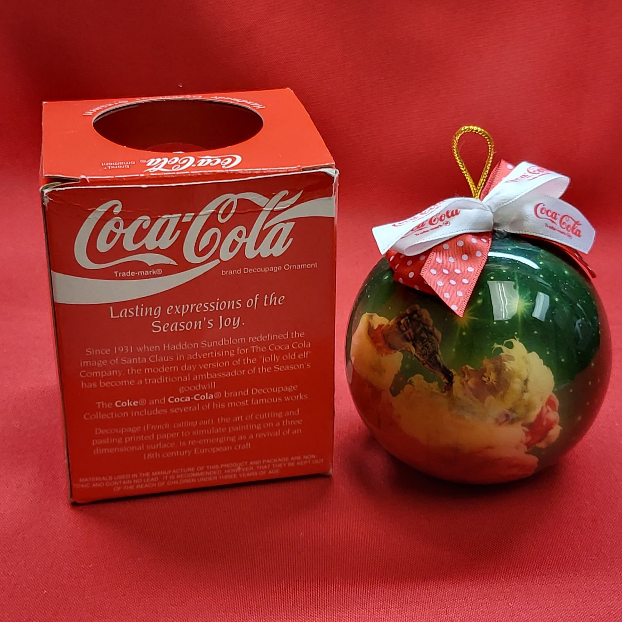 Enesco Santa Drinking Coca Cola Handmade Decoupage Christmas Ball