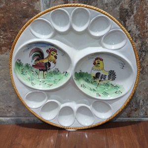 Vintage Ceramic Deviled Egg Condiment Platter Hand Painted Rooster