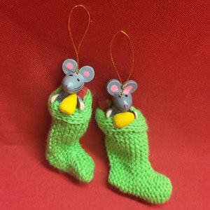 VTG Miniatur Maus Weihnachtsstrumpf Ornament Set 2