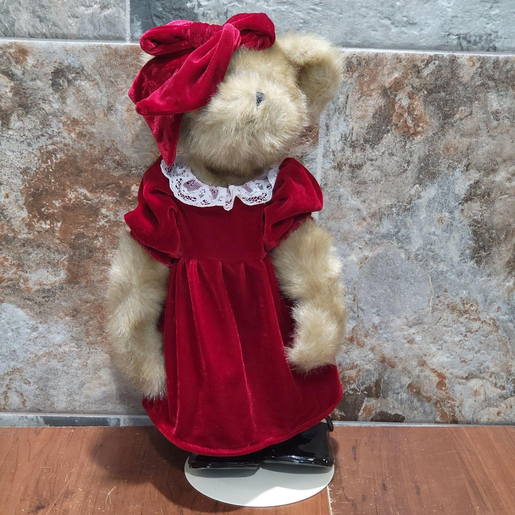 Hallmark Tan Christmas Teddy Bear Red Velvet Dress Bow Black Shoes