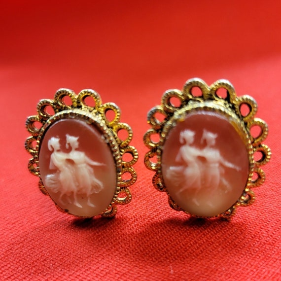 Vintage Textured Faux Cameo Clip Earrings - image 6