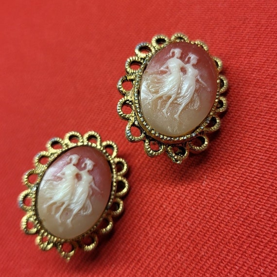 Vintage Textured Faux Cameo Clip Earrings - image 7