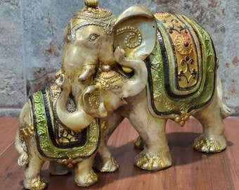 Keramikfigur av gyllene elefant och baby, heminredning
