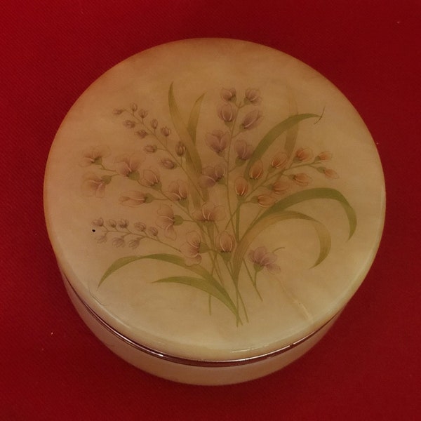 Vintage Genuine Alabaster Box Trinket Roundl Hand Carved Hinged Lid Flowers Made in Italy