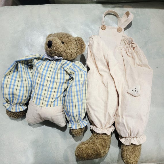 Vintage Teddy Bear Shelf Sitter Plaid Cotton Shirt and Overalls - Etsy