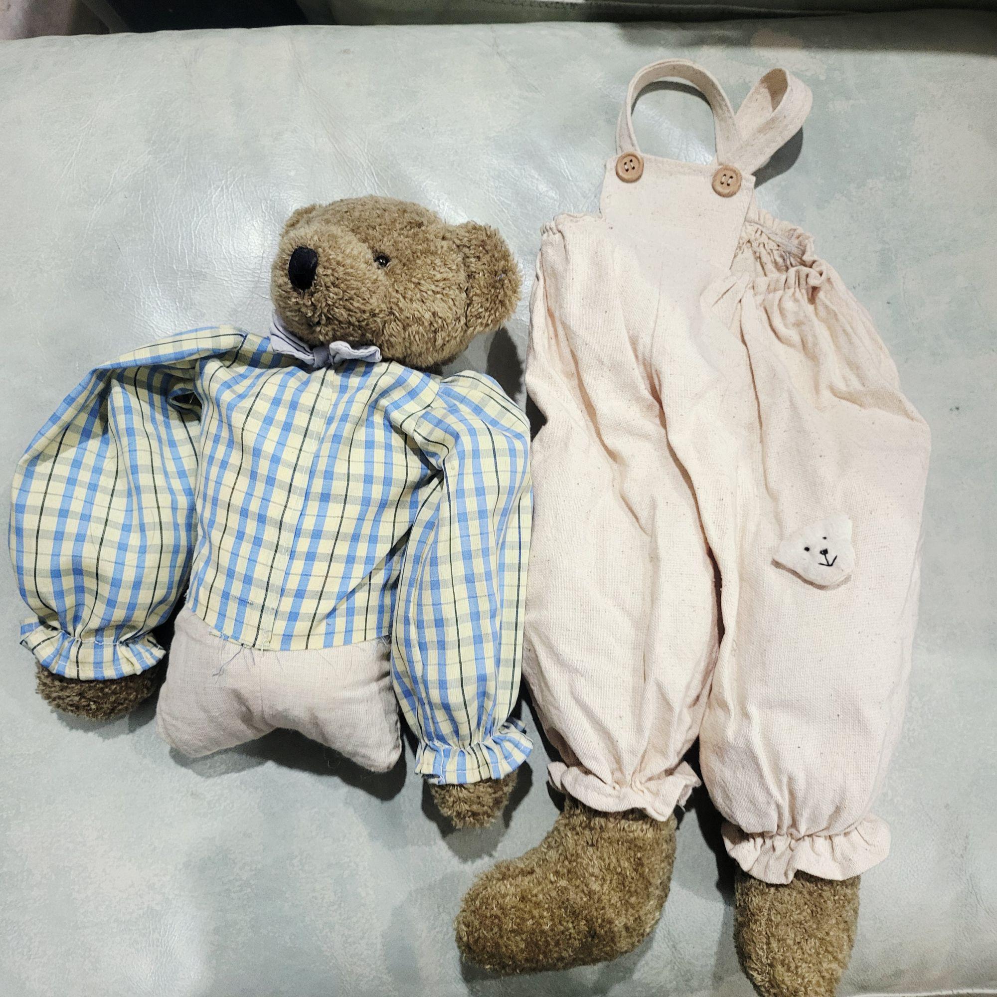 Vintage Teddy Bear Shelf Sitter Plaid Cotton Shirt and Overalls - Etsy