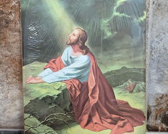 Lámina artística vintage sin marco de Jesús orando en el Jardín de Getsemaní (1985) para decoración de pared.