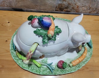 VTG Fitz & Floyd Pig Tureen Large Soup Bowl Lid Ladle Under Plate