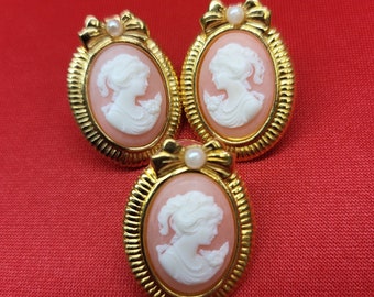 Vintage Gold Tone Pink Cameo Pierced Earrings and Pin Set of 3