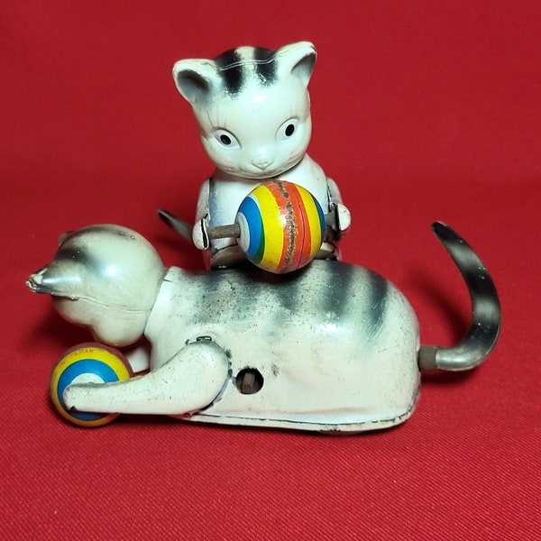 VTG Tin Cat Litho Celluloid  Cat Chases Ball Flips Over Wind Up Toy No Key Set of 2