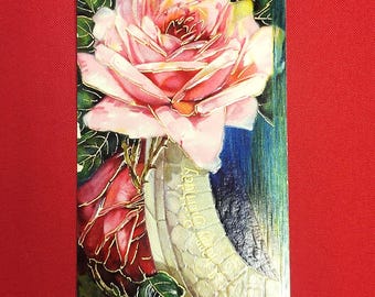 Cartolina d'epoca con stampa in rilievo "Happy Birthday" rosa e oro