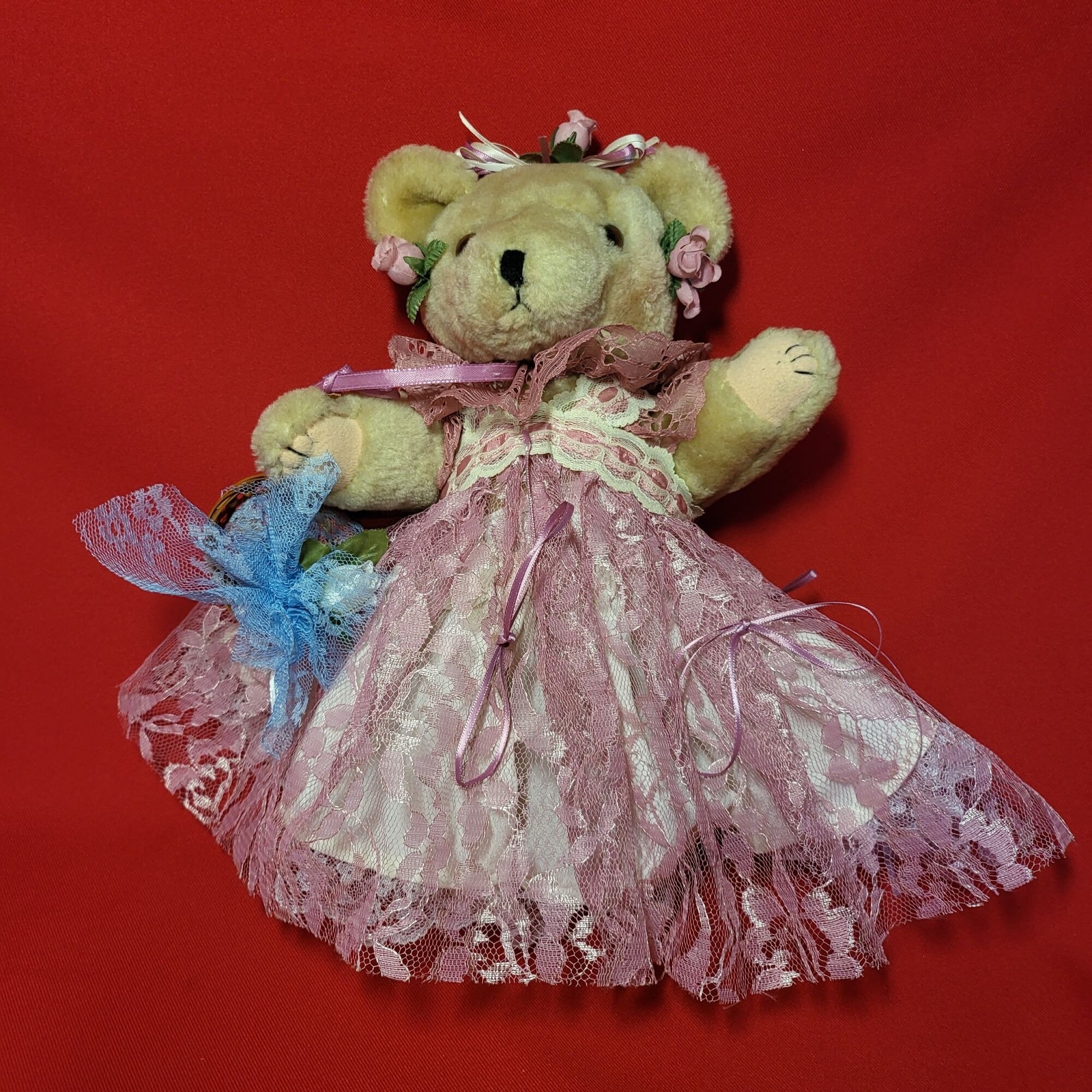 Vintage Flower Girl Teddy Bear: Pink Rose Lace Dress, 12