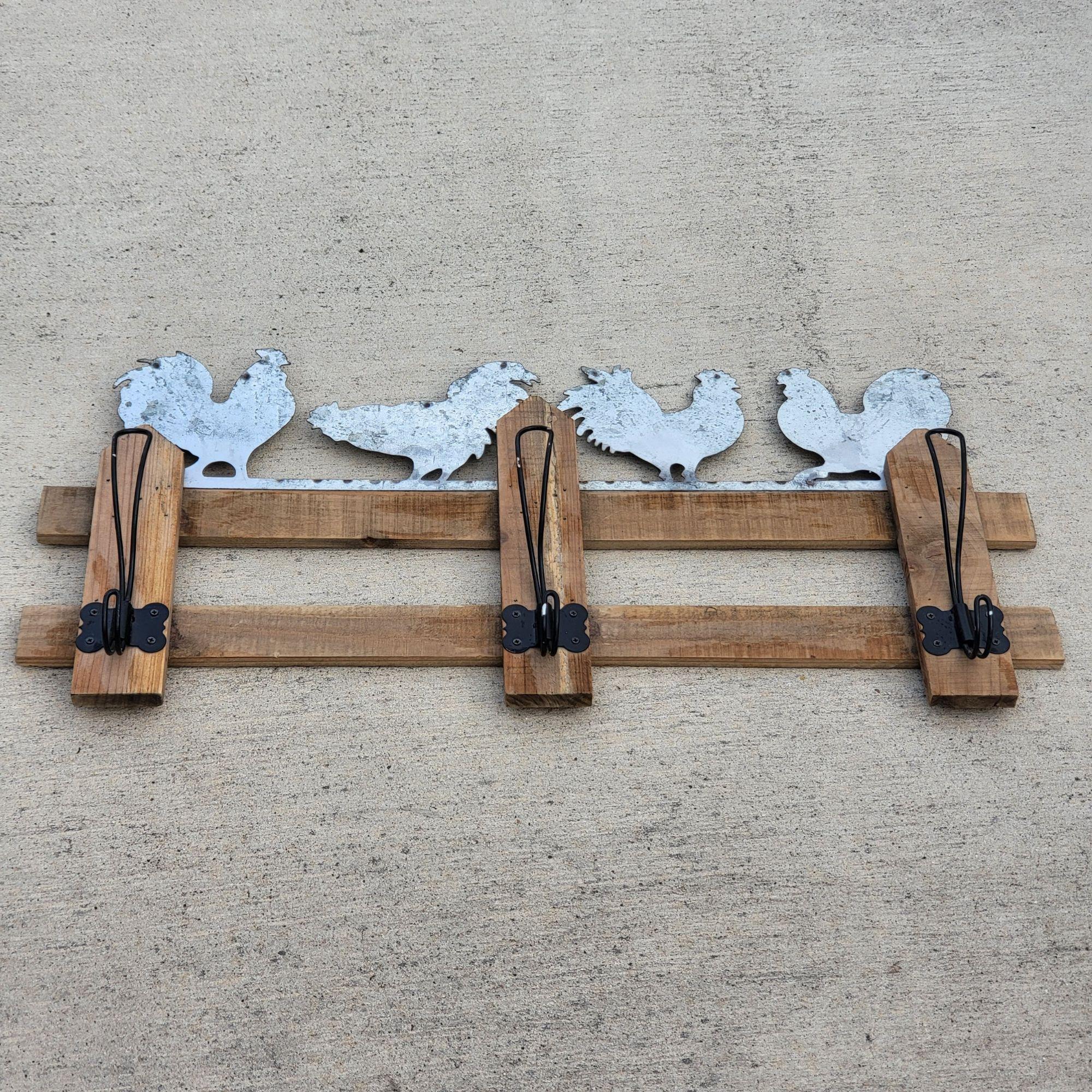 Rooster Roses Wall Rack Measuring Rustic Wooden Wall Mounted Rack Decorative Metal Roosters Black Iron ...