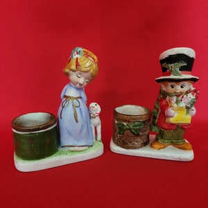 Vintage Jasco Christmas Luvkins Candle Holder Set: Girl with Lamb, Boy with Gifts