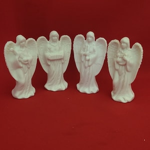Vintage White Angel Playing Musical Instrument Set Bisque Porcelain Set of 4
