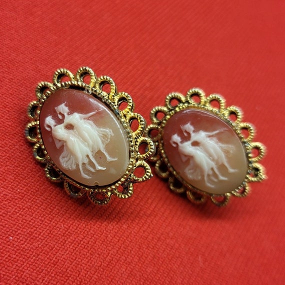 Vintage Textured Faux Cameo Clip Earrings - image 8