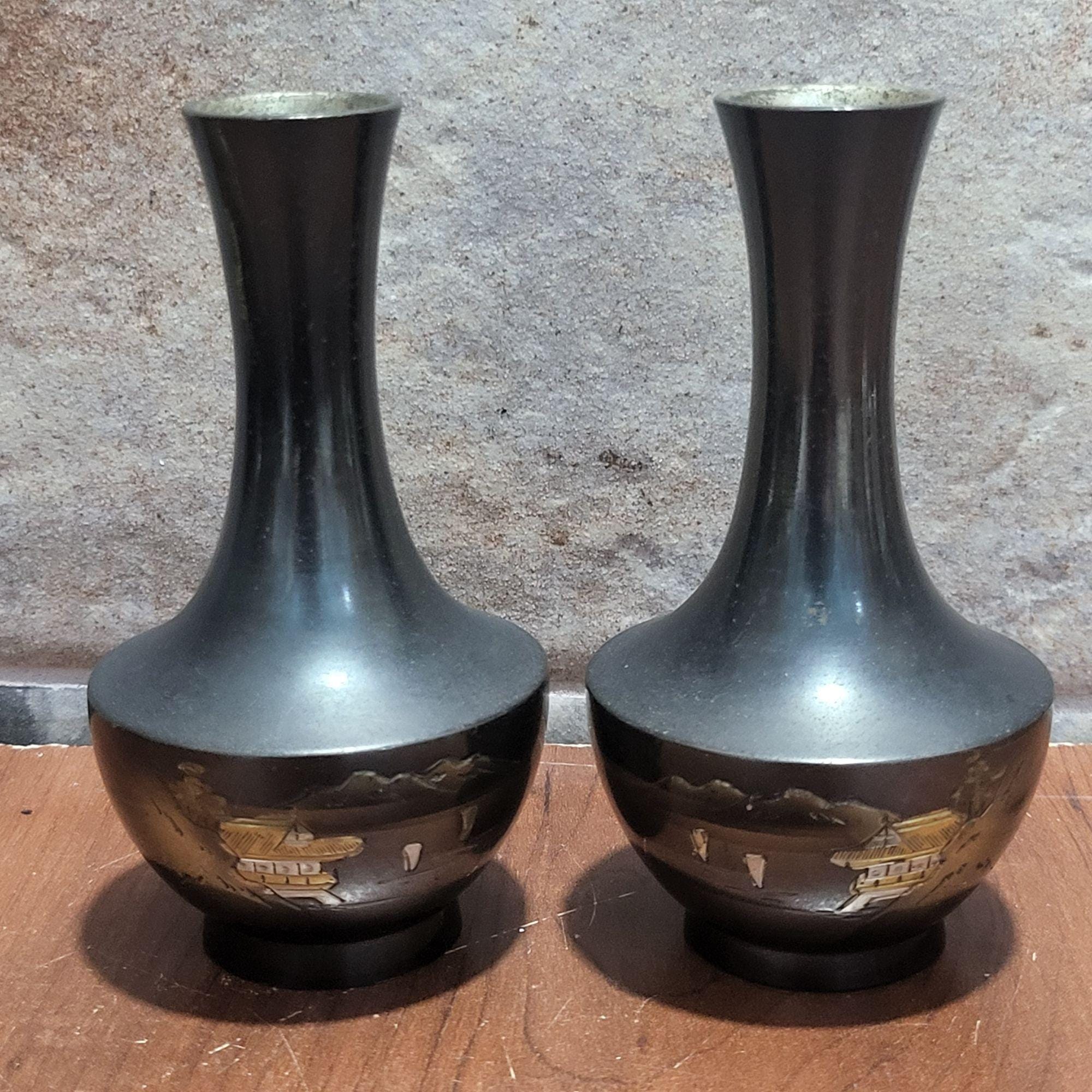 彫金 日本製 混合金属 花瓶 エッチング 金 銀 真鍮 青銅 2個セット