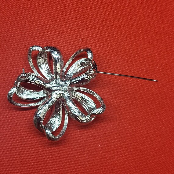 Monet  Silver Tone Clear Rhinestone Bow Flower Br… - image 5