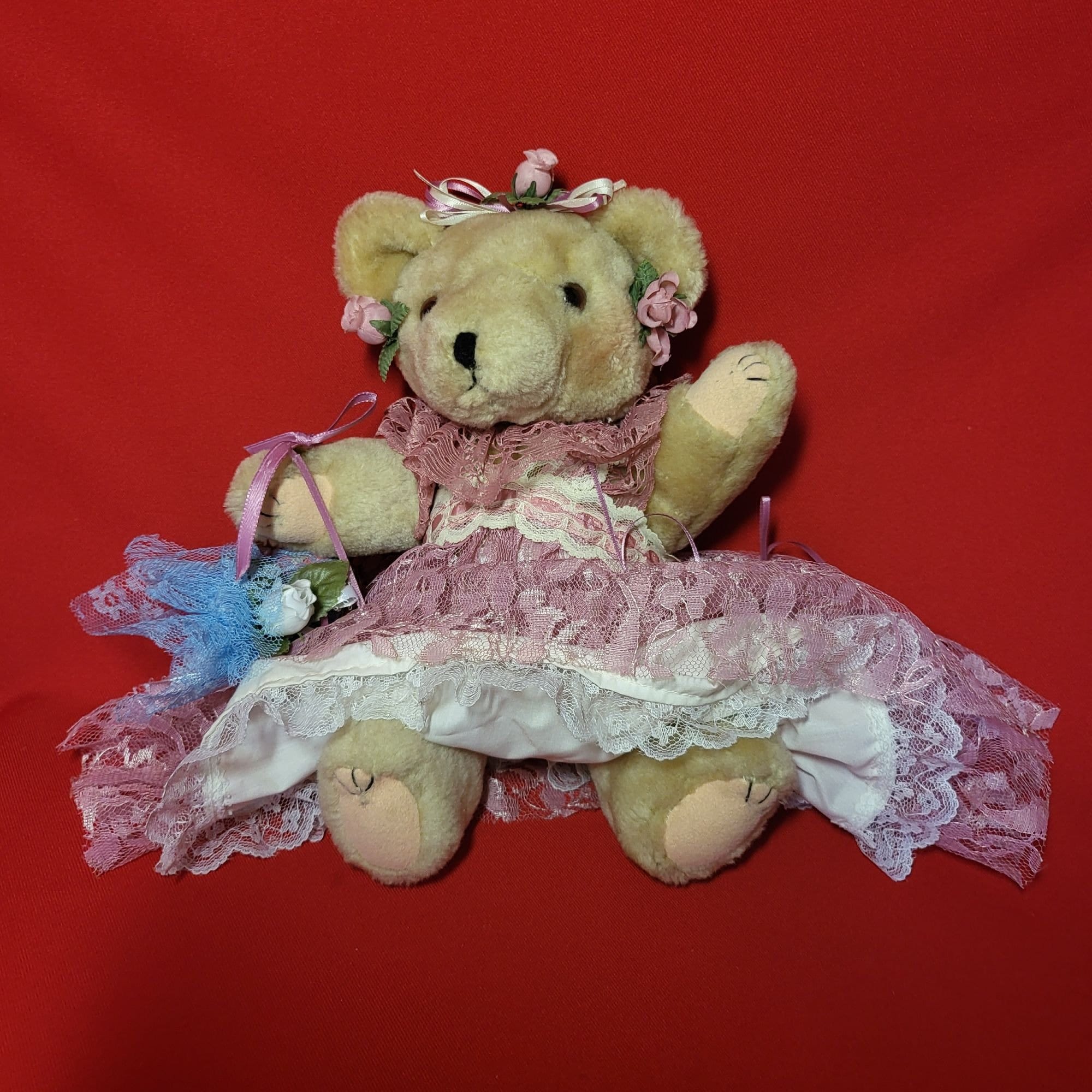 Vintage Flower Girl Teddy Bear: Pink Rose Lace Dress, 12