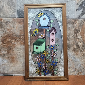 Painted Glass Bird Houses Suncatcher Wall Hanging Decor Window Hanger