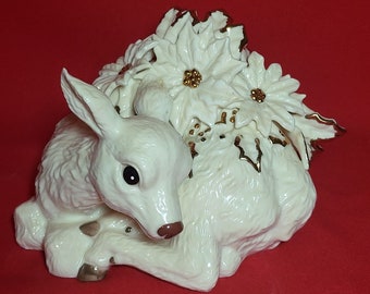 Vintage Gold Trimmed Baby Fawn Deer Christmas Poinsettias Statue Figurine Holiday Decor