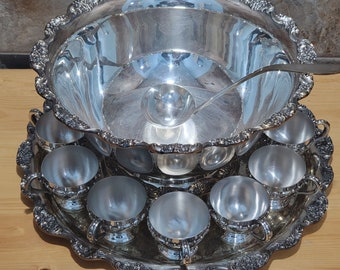 VTG Poole Silver Plate Punch Bowl Set 15 Pcs EPCA 426