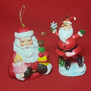 Ceramic Santa Claus Figurine and Bell  Ornament Set of 2