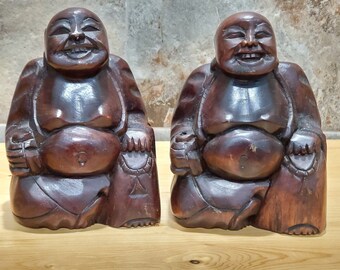 VTG Pair Wood Hand Carved Buddha Sculpture