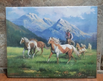 Vintage ungerahmte Pferde in einer Wiesenlandschaft Kunstdruck 1994 M Caroselli