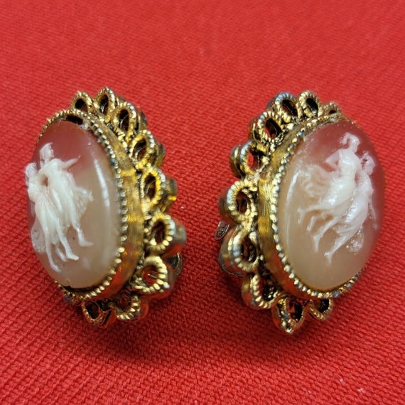 Vintage Textured Faux Cameo Clip Earrings - image 5