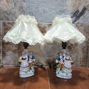 Vintage Pair Porcelain Victorian Colonial Couple Figurine Lamps Kitschy Ruffled Lace Plastic Shades
