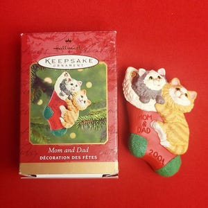 Hallmark Christmas Ornament Mom and Dad 2001 Cats in Stocking