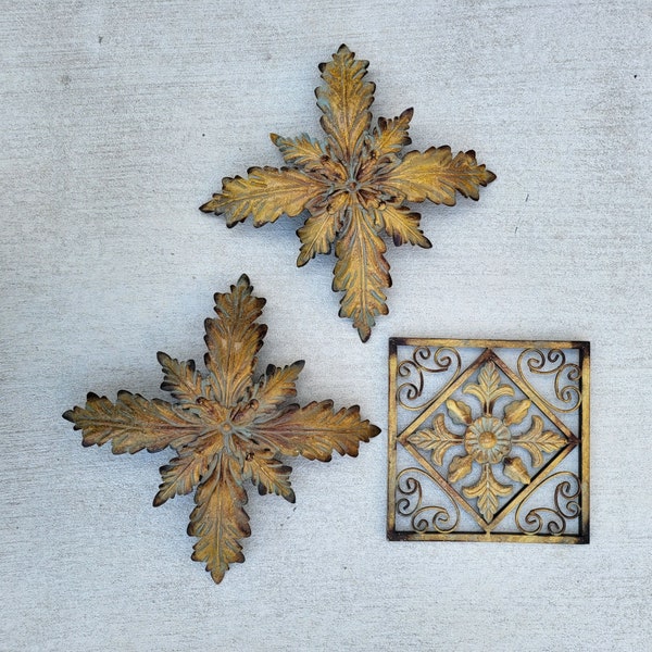 Burnished Patina Metal Leaf Flower Wall Sculpture Indoor Outdoor Hanging Decor Set of 3