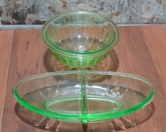 VTG Grön Glas Rund Skål & Delad Kryddbricka Tallrik Set om 2
