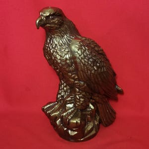 Metal Brown Eagle Falcon Hawk Perched on Stone Figurine