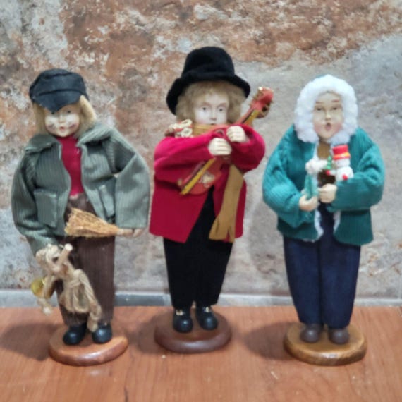 Vintage Christmas Carolers Set Wood Base Holiday Dolls 