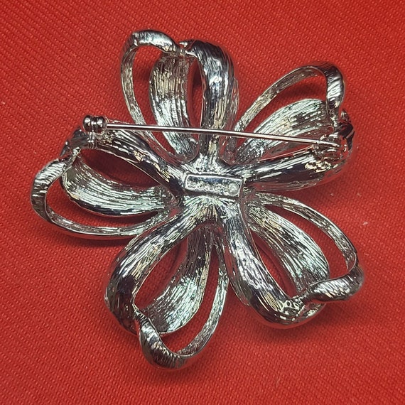 Monet  Silver Tone Clear Rhinestone Bow Flower Br… - image 2