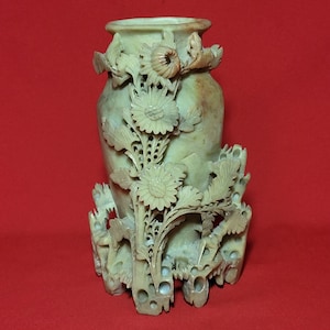 Vintage Asian Carved Soapstone Floral Vase Decorative Sculpture
