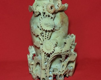 Vintage Asian Carved Soapstone Floral Vase Decorative Sculpture