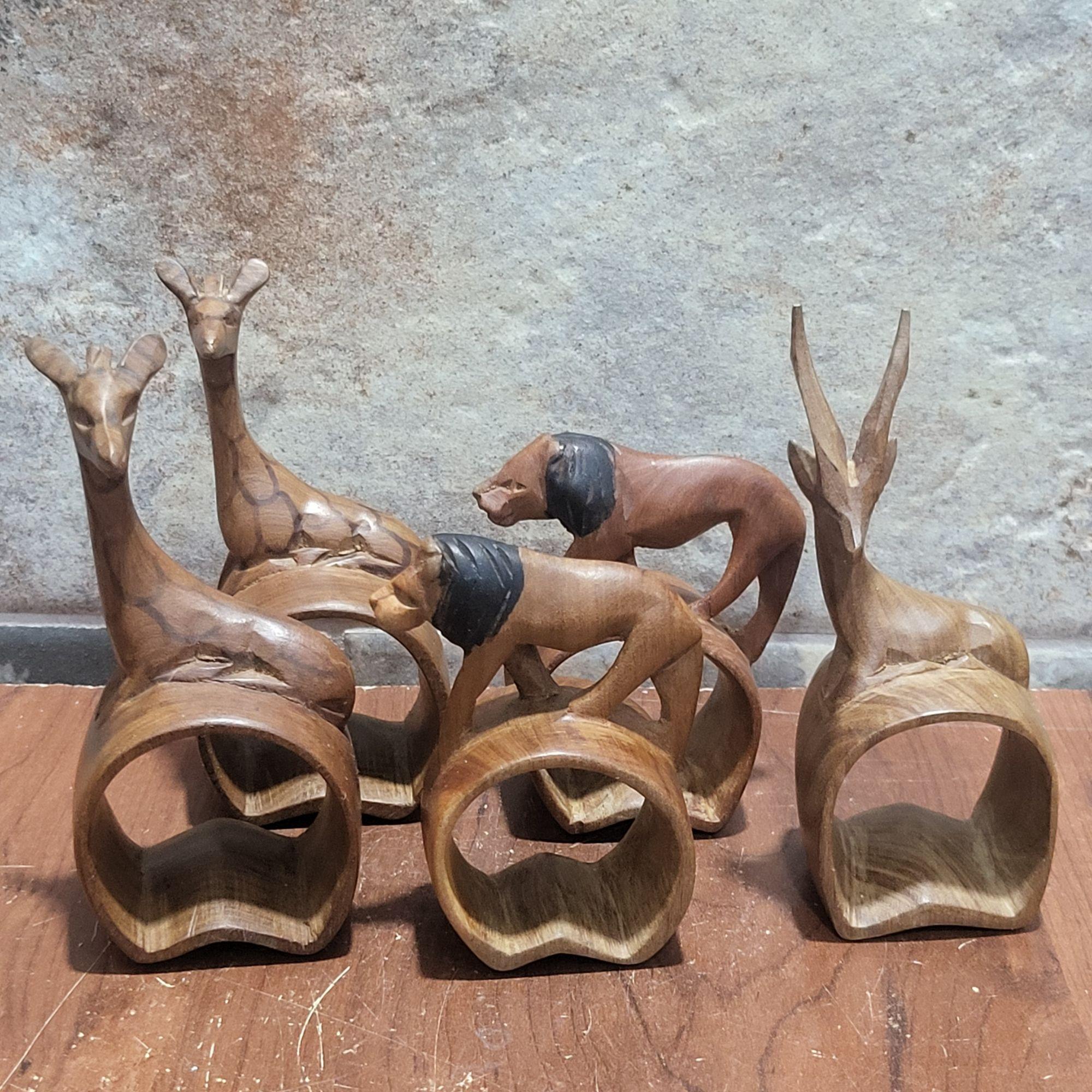Five Hand Carved African Safari Animal Wooden Napkin Rings Giraffe